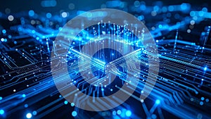 Abstract digital technology concept of a computer processor, circuit board, and data transfer