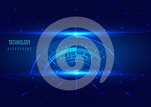 Abstract digital technology concept engineering gear wheel  with perspective grid on dark blue background