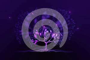 Abstract digital tree on  purple background. Big data and network connection concept. 3D rendering