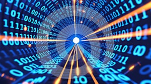 Abstract digital tunnel of binary code data flow with glowing light rays and central bright source