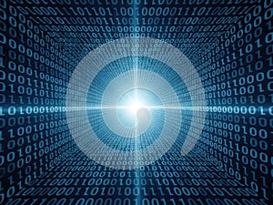 Abstract digital tunnel with binary code and light beam
