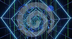 Abstract Neon Digital Tunnel with Binary Code and Geometric Shapes