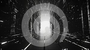 Digital data flowing through futuristic server corridor