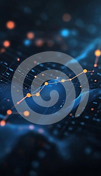 Abstract Digital Vector Analytics Blue Graph With Rises, Falls, Glowing Points, and Grid Pattern