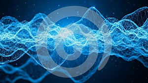 Abstract digital visualization of blue sound waves and data streams with particles