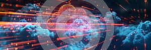 An abstract digital visualization of cloud computing, featuring a glowing cloud icon with data processing and artificial