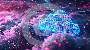 An abstract digital visualization of cloud computing showcasing data processing and AI operations. Generative AI