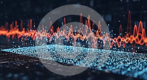 Abstract digital visualization of data signals, featuring a dynamic red