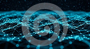 Abstract Blue Network Grid With Glowing Dots And Lines On Dark Background technology data