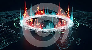 Abstract digital visualization features a 3D-rendered world map. A