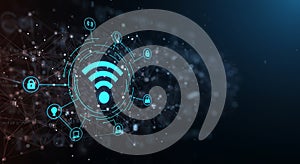 Abstract digital visualization featuring a central blue Wi-Fi symbol surrounded by
