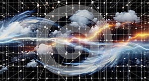 Abstract Network Grid with Lightning Storm and Clouds
