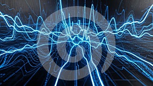 Abstract digital visualization of glowing blue sound waves or data streams