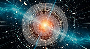 Abstract digital visualization of a glowing orange core radiating energy through a circular network of data and light
