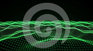 Abstract Green Digital Waveform of Glowing Particles on Black Background image photo