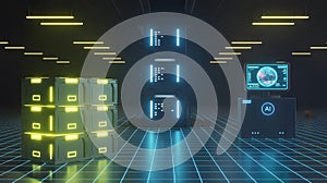 Abstract Digital Visualization of Server Racks and Data Flow in a Dark, High-Tech Room Representing Cloud Computing and Data