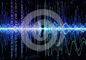 Abstract digital visualization of sound waves, featuring dynamic