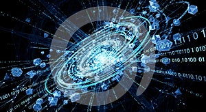 Abstract Digital Galaxy with Binary Code and Geometric Shapes