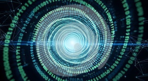 Abstract digital vortex of binary code and network connections