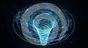 Abstract digital vortex funnel with binary code, data stream and network connections
