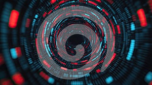 Abstract Digital Vortex of Red and Cyan Data Streams in a Dark Tunnel
