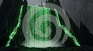 Digital Waterfall Binary Code Flowing Down Green Neon Mountains