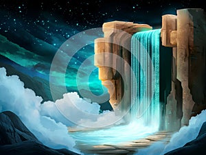 An abstract digital waterfall set against a binary code background