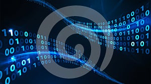 Abstract digital wave of binary code in blue glow