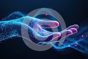 Abstract digital wave dots background with gradient color and hand shape technology concept design for banner or poster