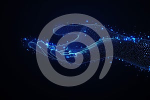 Abstract digital wave dots background with gradient color and hand shape technology concept design for banner or poster