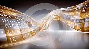 Abstract digital wave with flowing binary code and glowing numbers, representing technology, data processing, and modern