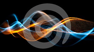 Abstract Digital Wave of Glowing Dots in Blue and Orange on Dark Background, Dynamic Energy Flow Concept for Technology