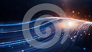 Abstract digital wave with glowing particles and light streaks on dark blue background