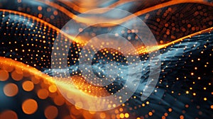 Abstract digital wave with orange and blue dots, representing data visualization and futuristic technology