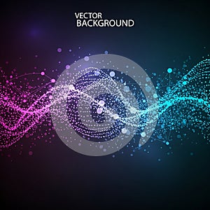 Abstract digital wave with particles and lines forms a dynamic pattern on a dark