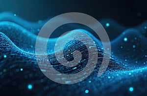 Abstract digital wave pattern with glowing blue dots. Data visualization with wavy lines and binary code. Technology background