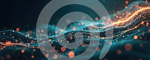 Abstract digital wave pattern with glowing orange dots and particles on dark teal background. Dynamic flow of data, future tech