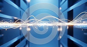 Abstract digital wave pattern in server room representing data flow and network communication