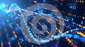 Abstract Digital Binary Code Background with Glowing Particles and Circuit Lines