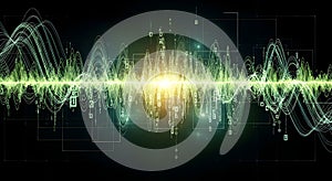 Abstract Digital Waveform Data Stream with Glowing Light and Binary Code on Dark Background