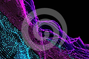 Abstract Digital Waveform with Neon Pink and Blue Lines on Black Background.