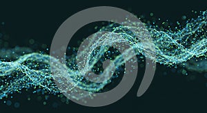 Abstract digital waves composed of interconnected nodes and lines create a flowing,