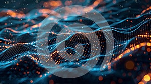 Abstract digital waves with glowing particles in blue and orange tones.