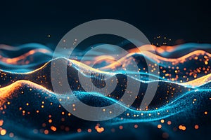 Abstract digital waves of orange and blue glowing particles, forming an illuminated landscape with undulating lines photo