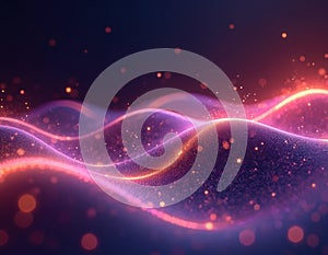 Abstract digital waves of purple and orange with glowing particles. Futuristic design featuring technology, data network, energy