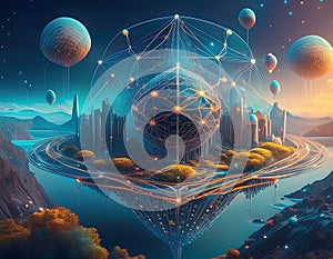 Abstract Digital World Illustration with Interconnected Nodes and Floating Code Fragments