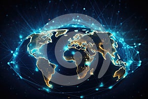 Abstract digital world map on blue background. Technology and communication concept. 3D Rendering, Global networking and