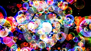 Abstract dimension rainbow bubbles with dancing hearts floating on dark screen