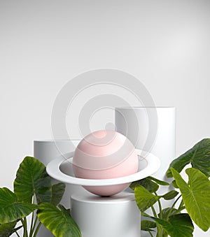 Abstract Display fashion blank for show products or cosmetics with Saturn and tropicals plants, 3d illustration