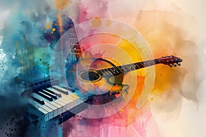 Abstract distressed watercolour painting of an acoustic guitar and electric piano keyboard synthesiser